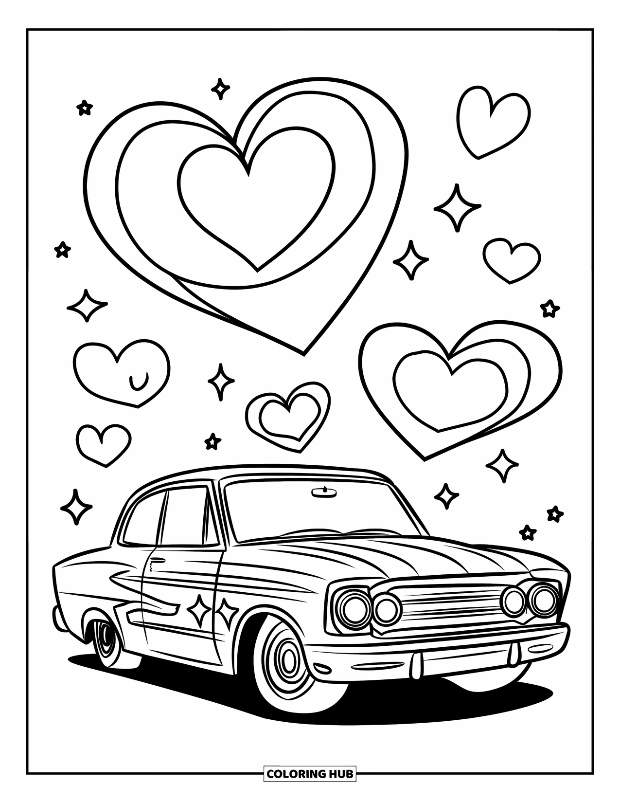 Lowrider Coloring Page for Kids: A cheerful lowrider surrounded by small hearts and stars