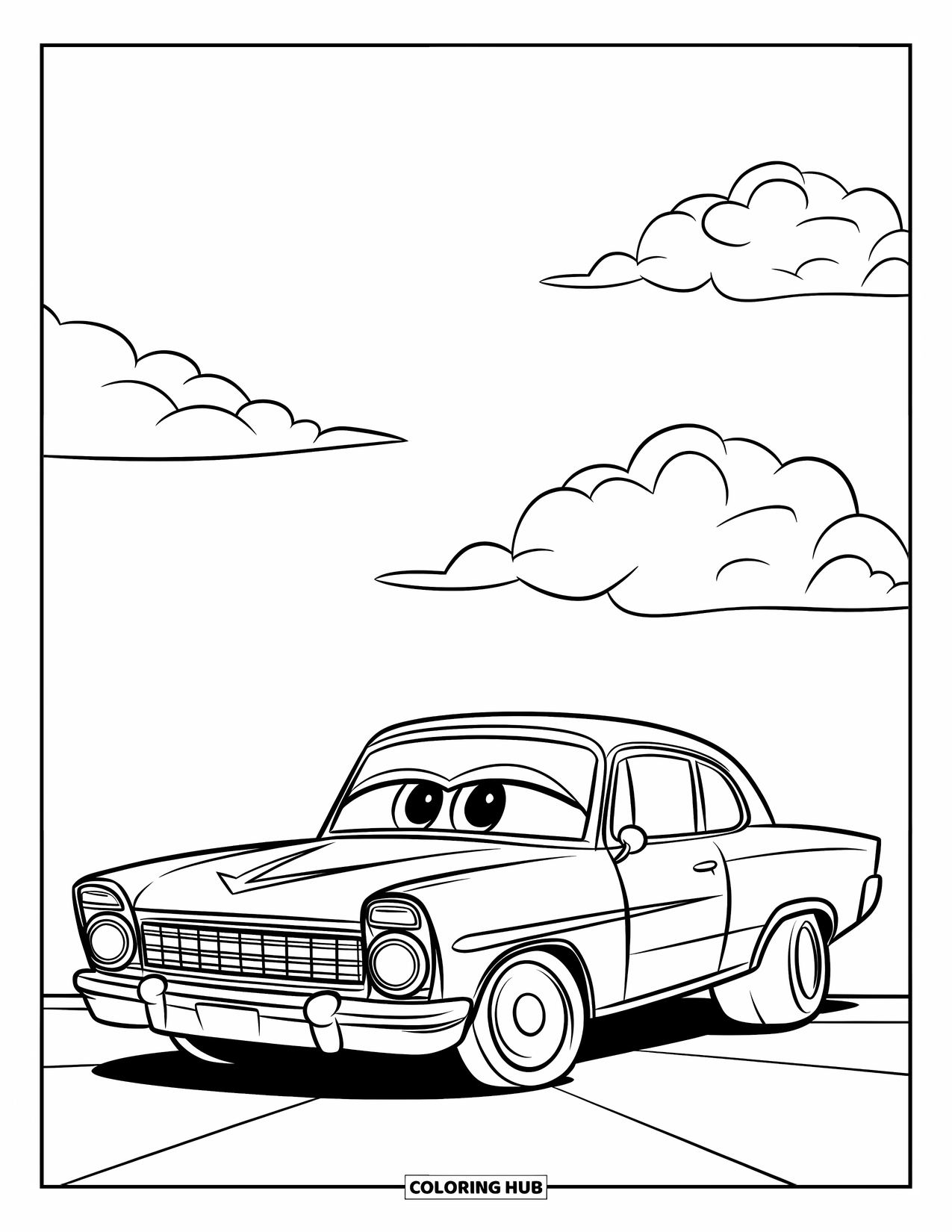 Lowrider Coloring Page for Kids: A cheerful lowrider with big wheels beneath puffy clouds