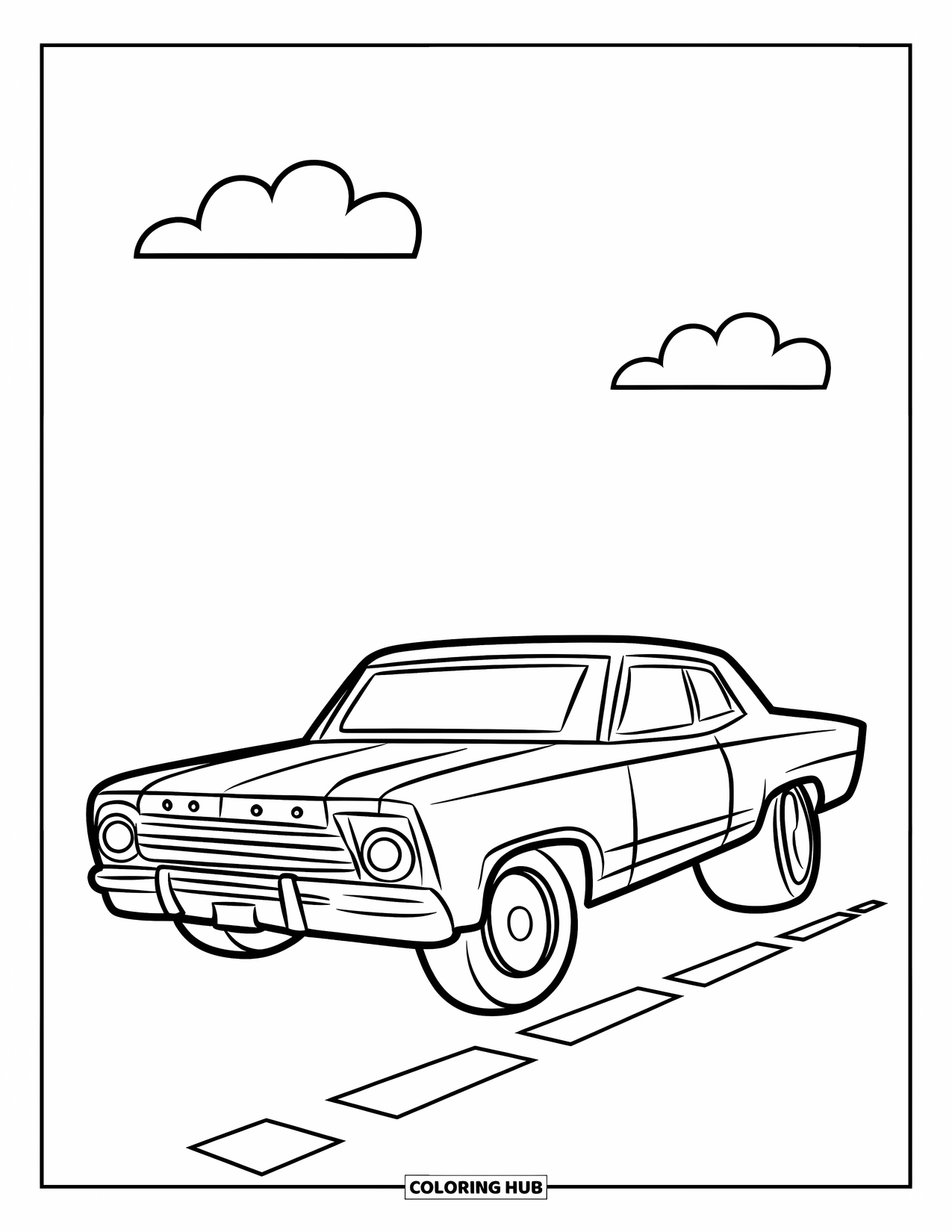 Lowrider Coloring Page for Kids: A cheerful lowrider with large wheels and clouds in the sky