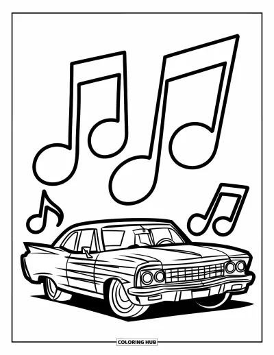 Lowrider kifestő gyerekeknek: Egy vidám lowrider, mellette lebegő hangjegyekkel