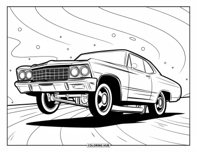 Lowrider kifestő gyerekeknek: Egy klasszikus lowrider felemeli első kerekét menet közben
