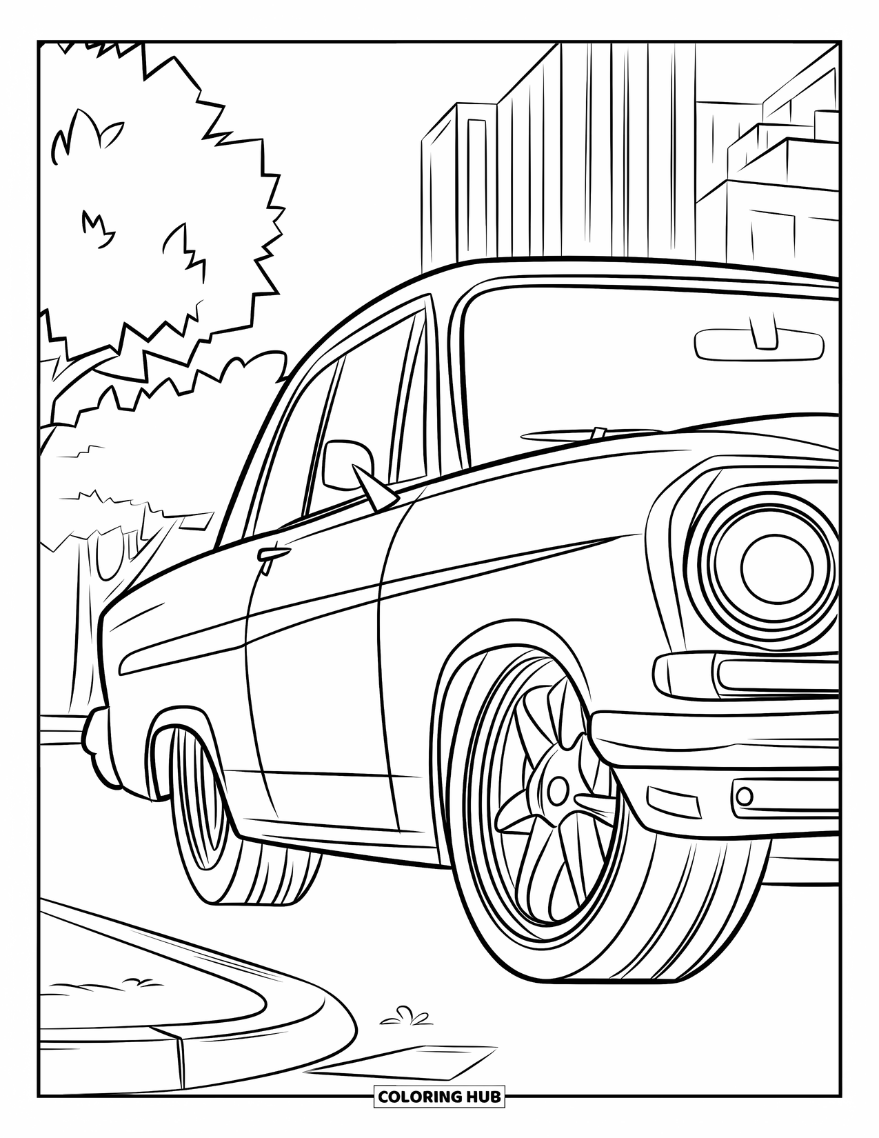 Lowrider Coloring Page for Kids: A cool lowrider with custom rims parked near city trees
