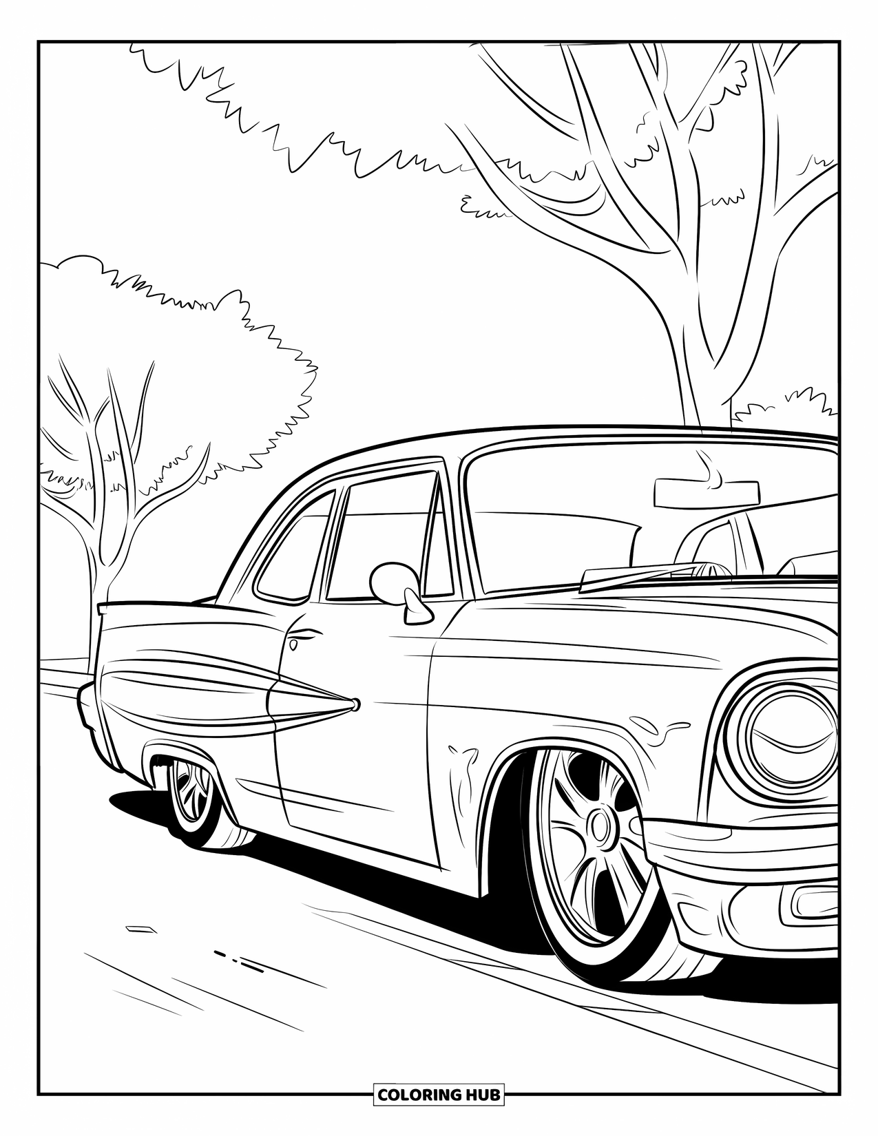 Lowrider Coloring Page for Kids: A cool lowrider with polished rims parked on a quiet street