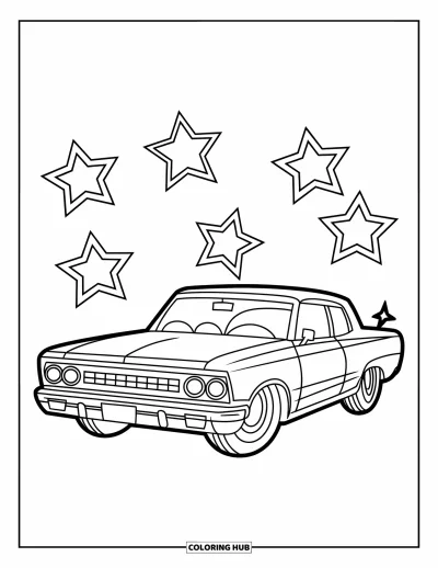 Lowrider kifestő gyerekeknek: Egy aranyos lowrider csillagokkal körülvéve egy vidám jelenetben