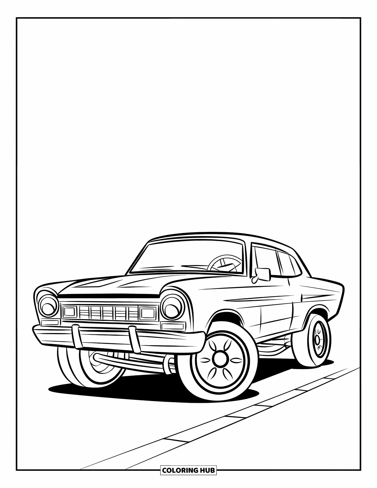 Lowrider Coloring Page for Kids: A cute lowrider with big wheels and a playful look