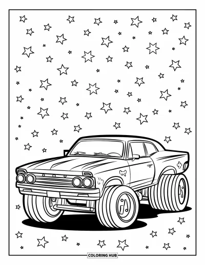 Lowrider kifestő gyerekeknek: Egy részletgazdag lowrider nagy kerekekkel csillagos éjszakai ég alatt