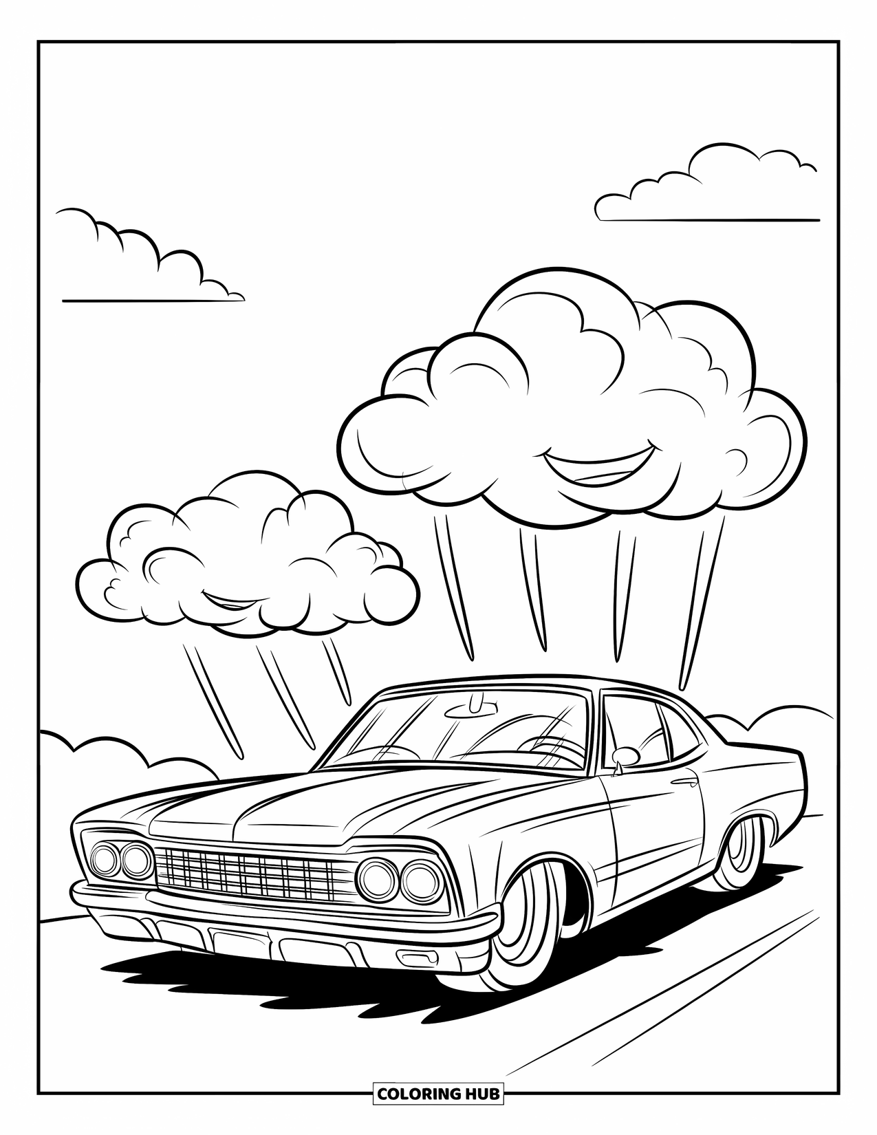 Lowrider Coloring Page for Kids: A friendly lowrider parked under fluffy clouds on a clear day