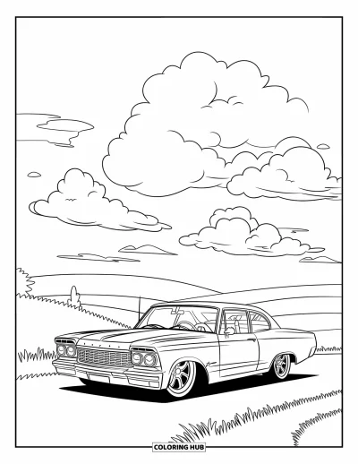 Lowrider kifestő gyerekeknek: Egy boldog lowrider napos úton, dombok és fák között