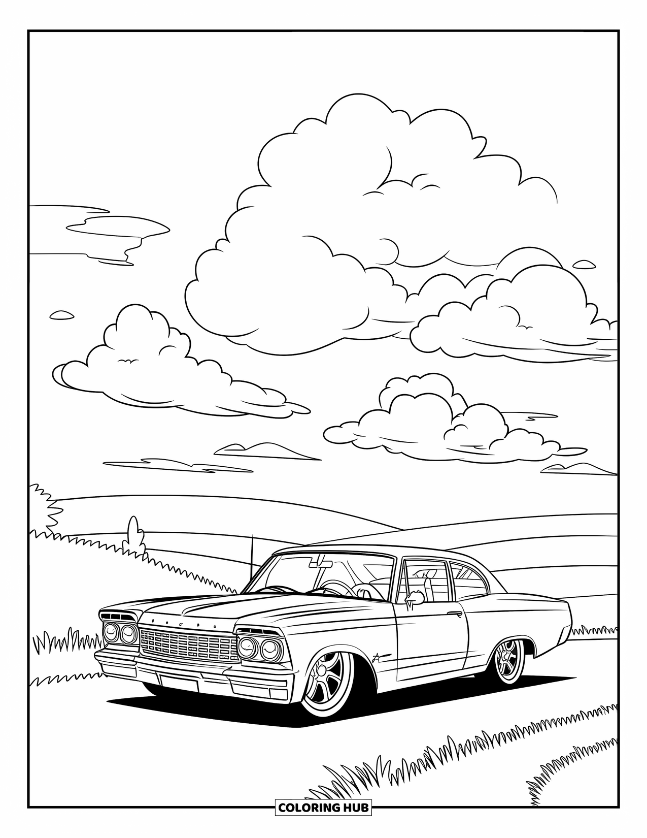 Lowrider Coloring Page for Kids: A happy lowrider on a sunny road surrounded by hills and trees