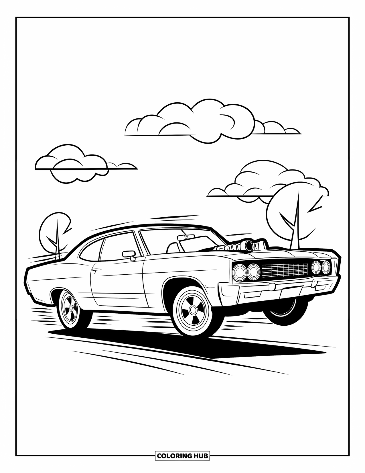 Lowrider Coloring Page for Kids: A jumping lowrider surrounded by trees and clouds