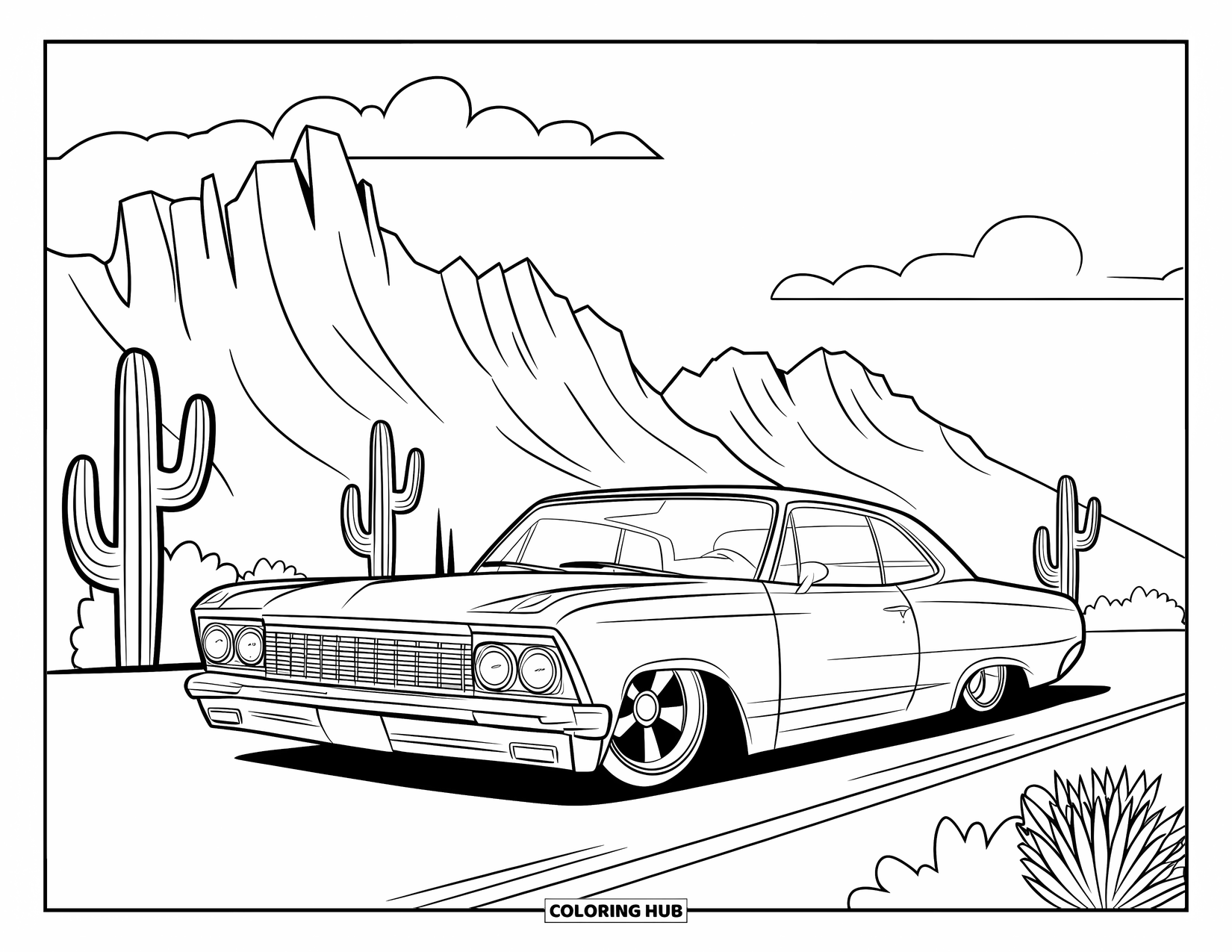 Lowrider Coloring Page for Kids: A lowrider drives past mountains and roadside cacti