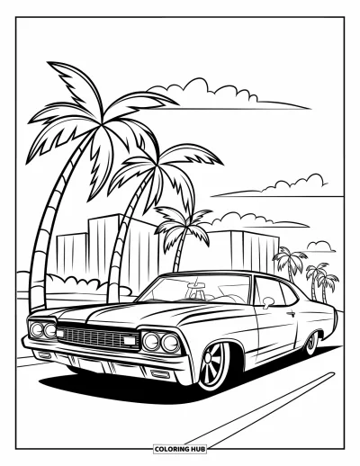 Lowrider kifestő gyerekeknek: Egy csillogó lowrider pálmafák mellett halad el fényes ég alatt
