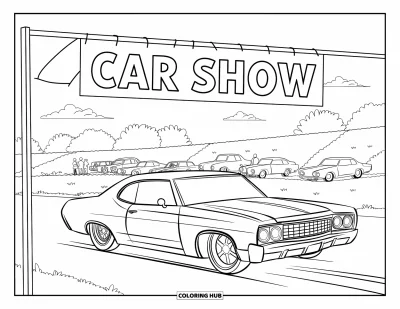 Lowrider kifestő gyerekeknek: Egy csillogó lowrider áthalad egy “Car Show” feliratú transzparens alatt egy hangulatos összejövetelen