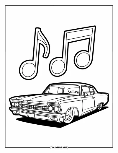 Lowrider kifestő gyerekeknek: Egy egyszerű lowrider vidáman lebegő hangjegyekkel a közelében