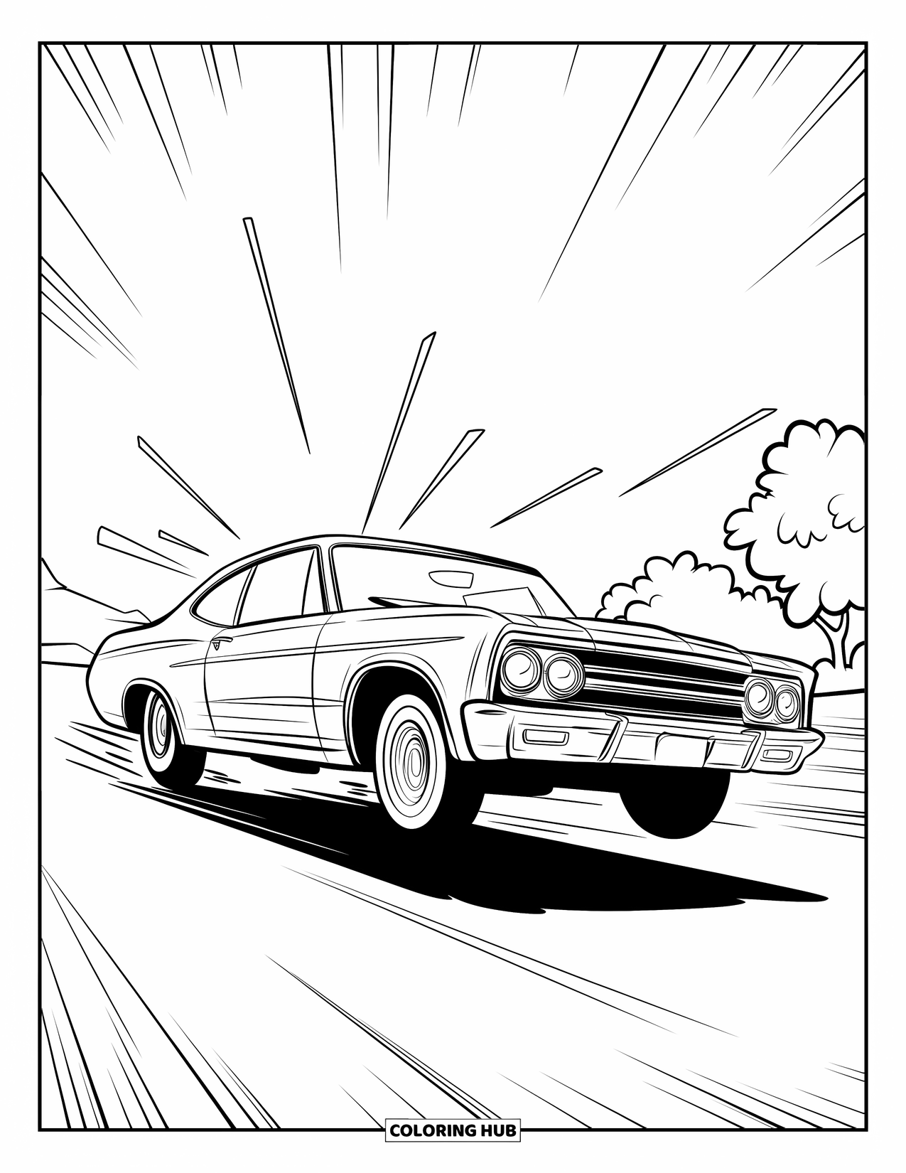 Lowrider Coloring Page for Kids: A vintage lowrider leaps high with motion lines and mountains behind