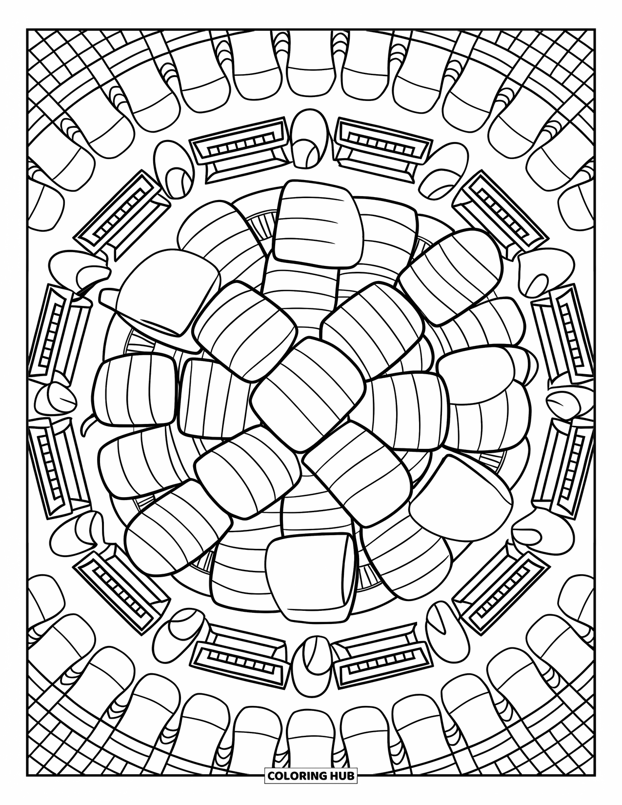 Marshmallow Coloring Page for Adults: A circular arrangement of marshmallow candies with chocolate bars and canes