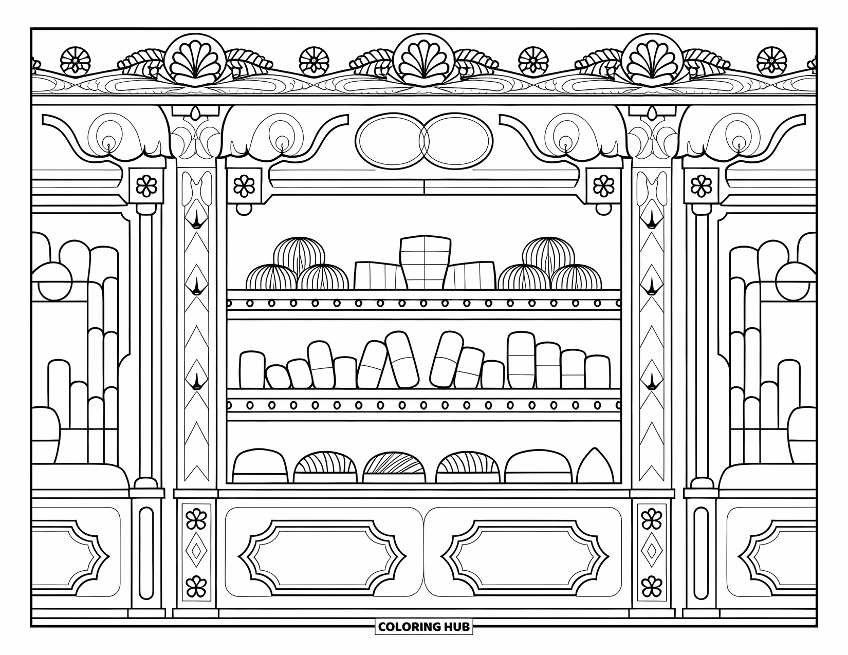 Marshmallow Coloring Page for Adults: A classic candy shop with patterned shelves of marshmallow sweets