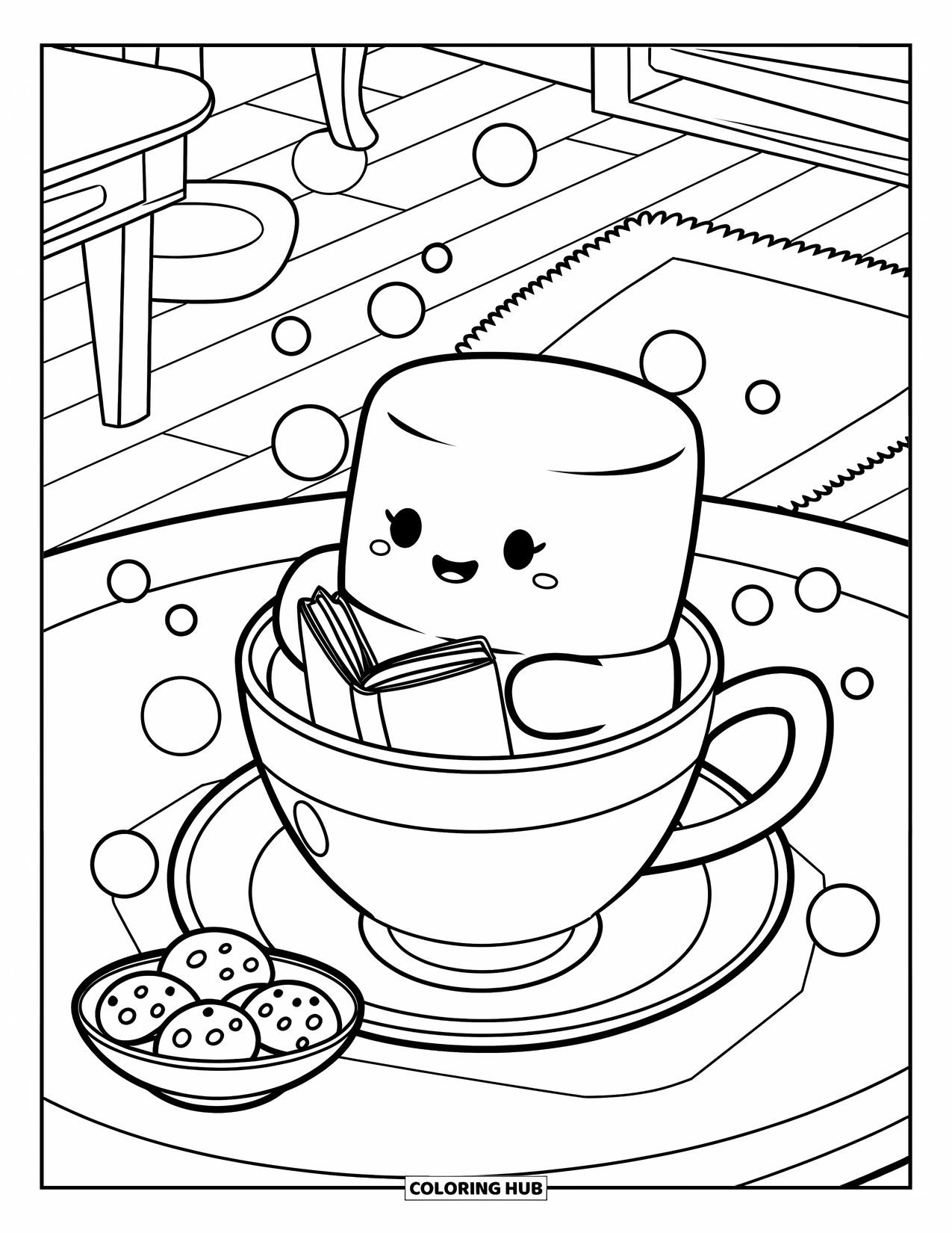 Marshmallow Coloring Page for Adults: A cozy marshmallow reads in a teacup beside cookies and bubbles