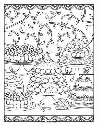 Desenho de marshmallow para colorir para adultos: Uma mesa de sobremesas repleta de doces de marshmallow e bolos em camadas