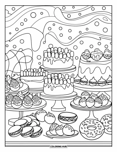 Desenho de marshmallow para colorir para adultos: Uma mesa de doces com marshmallows, macarons e donuts