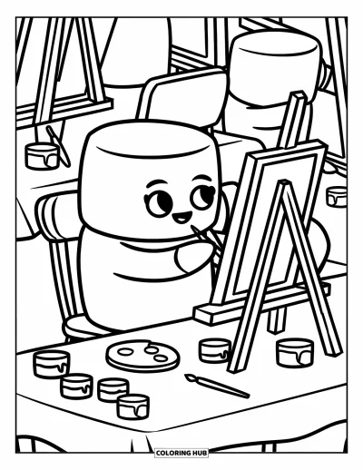 Desenho de marshmallow para colorir para adultos: Um marshmallow artista pinta em uma mesa cercada de pincéis e potes