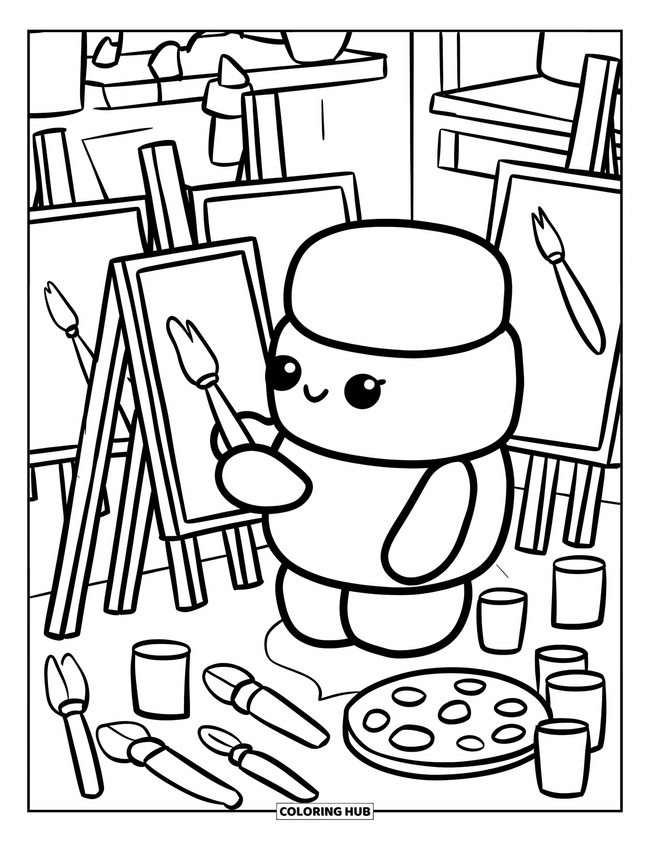 Marshmallow Coloring Page for Adults: A marshmallow artist paints happily surrounded by tiny art supplies
