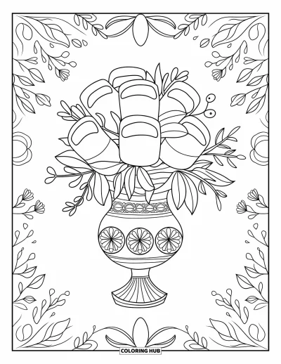 Desenho de marshmallow para colorir para adultos: Um buquê de marshmallows arranjados como flores em um vaso decorativo ornamentado