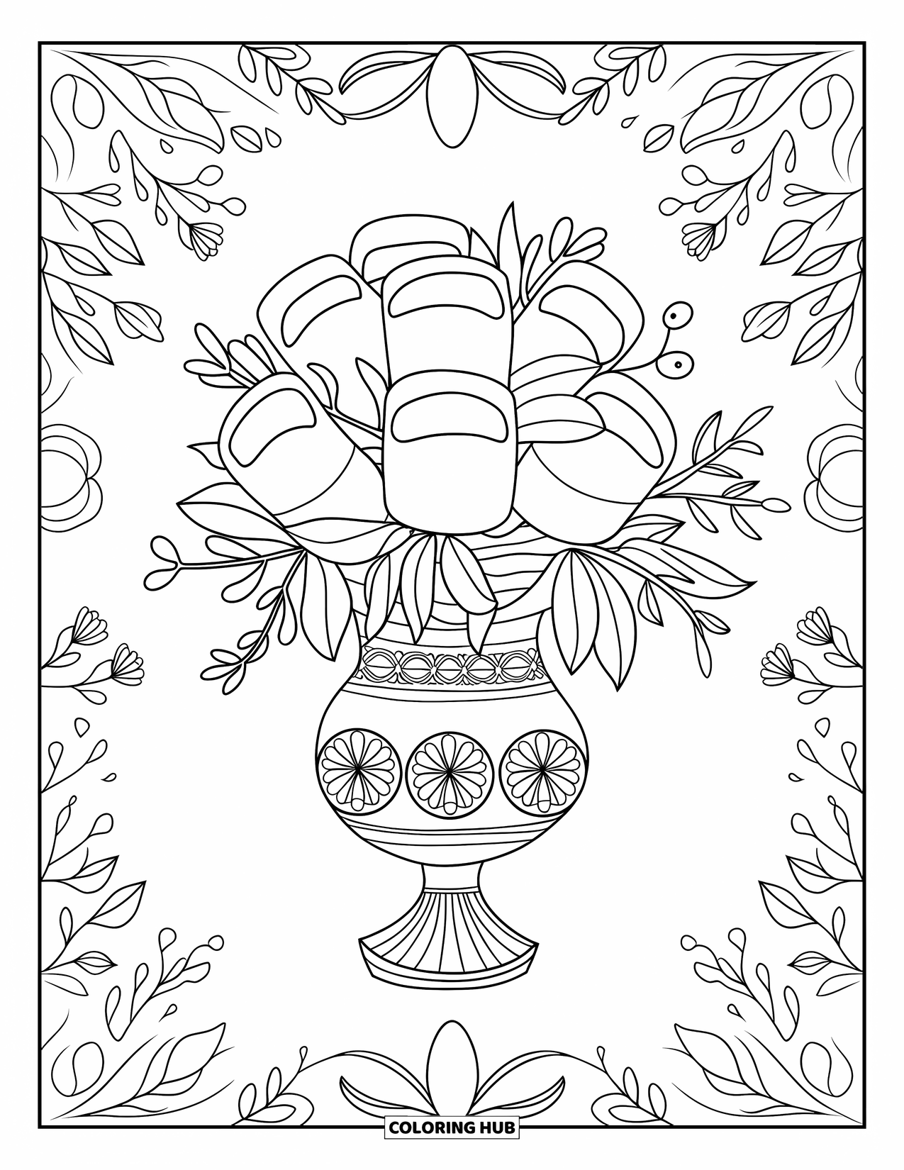 Marshmallow Coloring Page for Adults: A marshmallow bouquet arranged like flowers in an ornate decorative vase