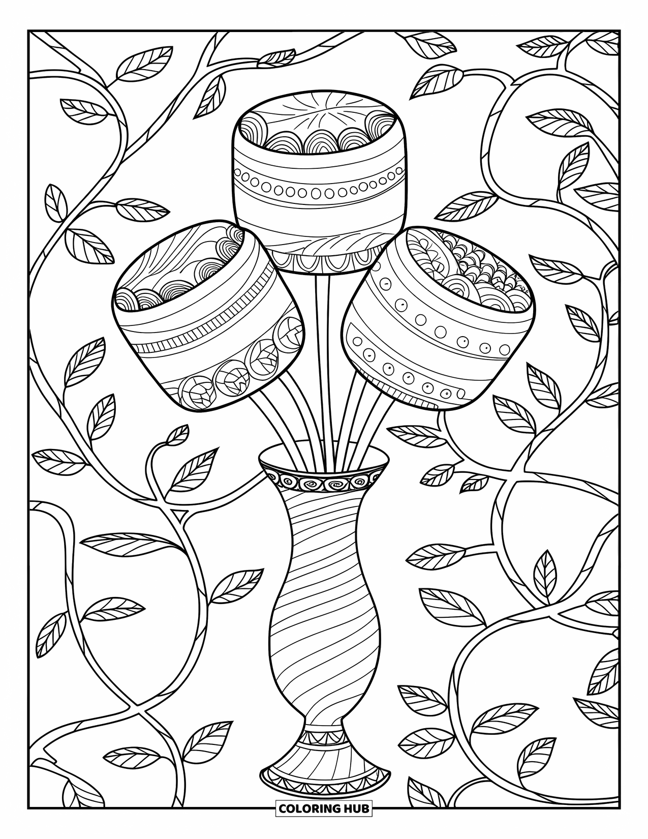 Marshmallow Coloring Page for Adults: A patterned vase displays marshmallows arranged like flowers among vines