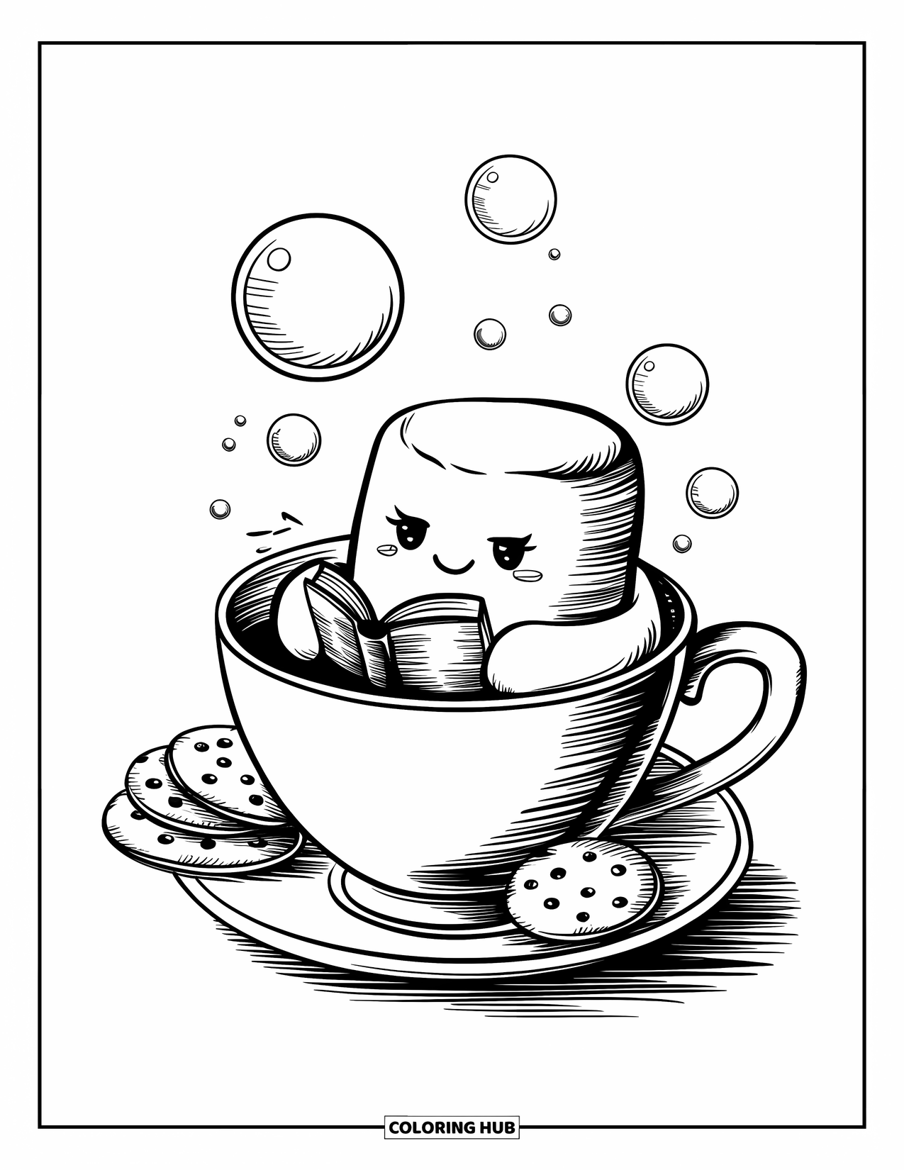 Marshmallow Coloring Page for Adults: A peaceful marshmallow reads a tiny book in a teacup with cookies