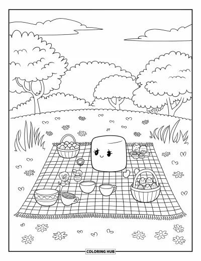 Desenho de marshmallow para colorir para adultos: Um piquenique tranquilo com amigos marshmallows sob um céu ensolarado e sereno