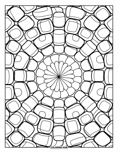 Desenho de marshmallow para colorir para adultos: Um padrão circular relaxante de marshmallows formando um desenho em forma de flor