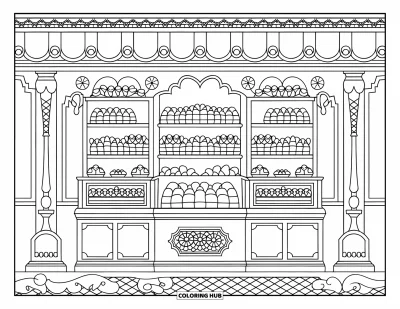 Desenho de marshmallow para colorir para adultos: Uma doceria elegante repleta de doces de marshmallow e bordas florais