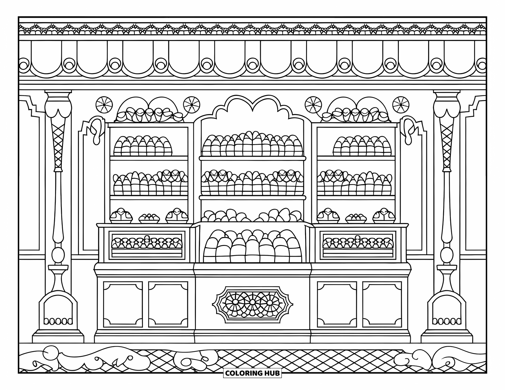Marshmallow Coloring Page for Adults: An elegant candy shop filled with marshmallow treats and floral borders