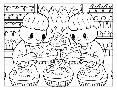 Desenho de marshmallow para colorir para adultos: Marshmallows confeiteiros decoram cupcakes em uma padaria calorosa cheia de docinhos