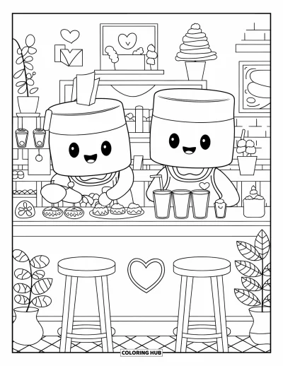 Desenho de marshmallow para colorir para adultos: Marshmallows baristas trabalham em um café charmoso cheio de decorações de coração