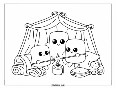 Desenho de marshmallow para colorir para adultos: Uma família de marshmallows curte assar guloseimas dentro de uma tenda de cobertores aconchegante