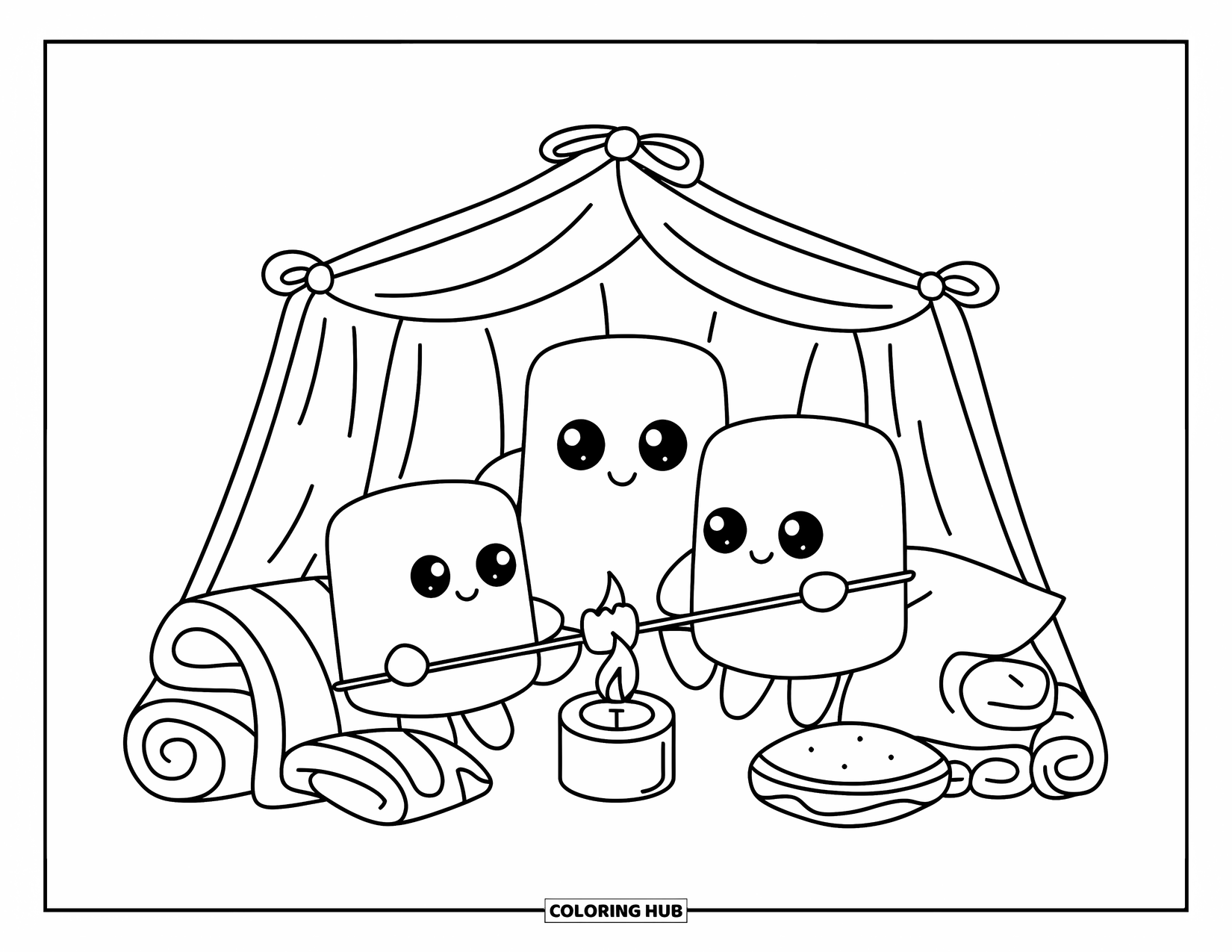 Marshmallow Coloring Page for Adults: Marshmallow family enjoys roasting treats inside a cozy blanket fort