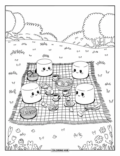 Desenho de marshmallow para colorir para adultos: Amigos marshmallows curtem um piquenique com guloseimas e chá em um campo