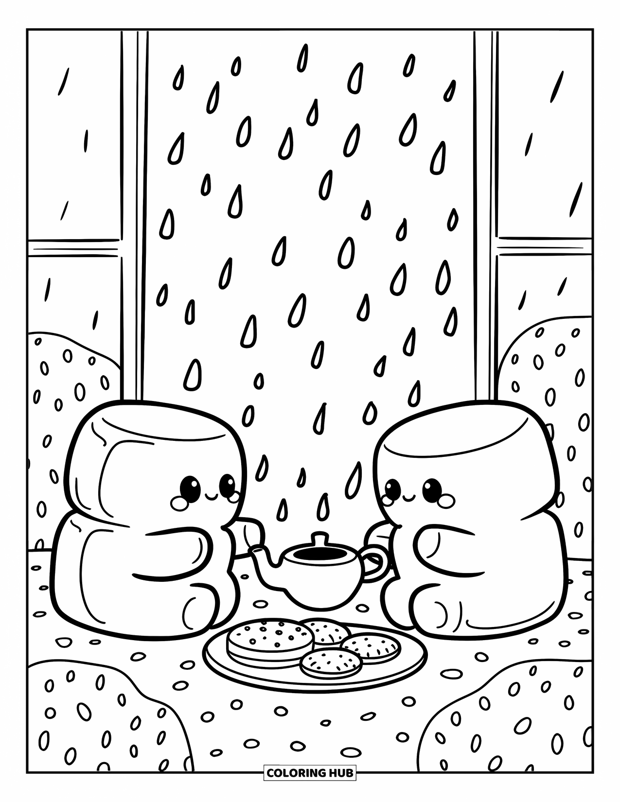 Marshmallow Coloring Page for Adults: Marshmallow friends enjoy tea and biscuits while watching the rain