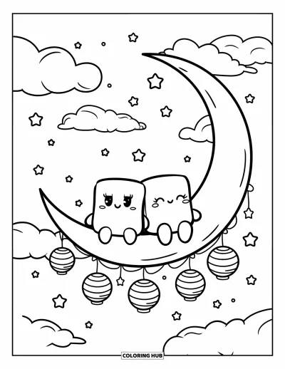 Desenho de marshmallow para colorir para adultos: Amigos marshmallows sentados na lua cercados de estrelas e nuvens suaves