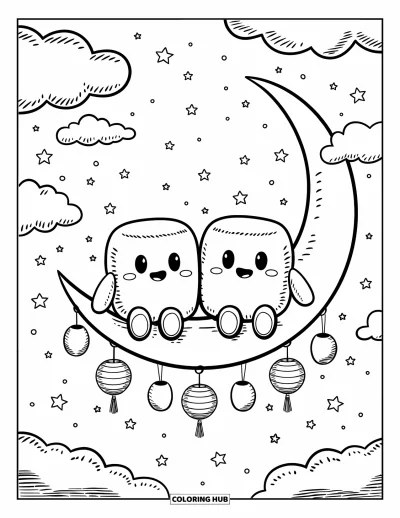 Desenho de marshmallow para colorir para adultos: Marshmallows descansam em uma lua crescente entre nuvens e lanternas brilhantes