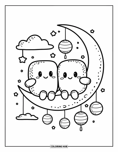 Desenho de marshmallow para colorir para adultos: Dois marshmallows relaxam em uma lua crescente sob um céu noturno encantado