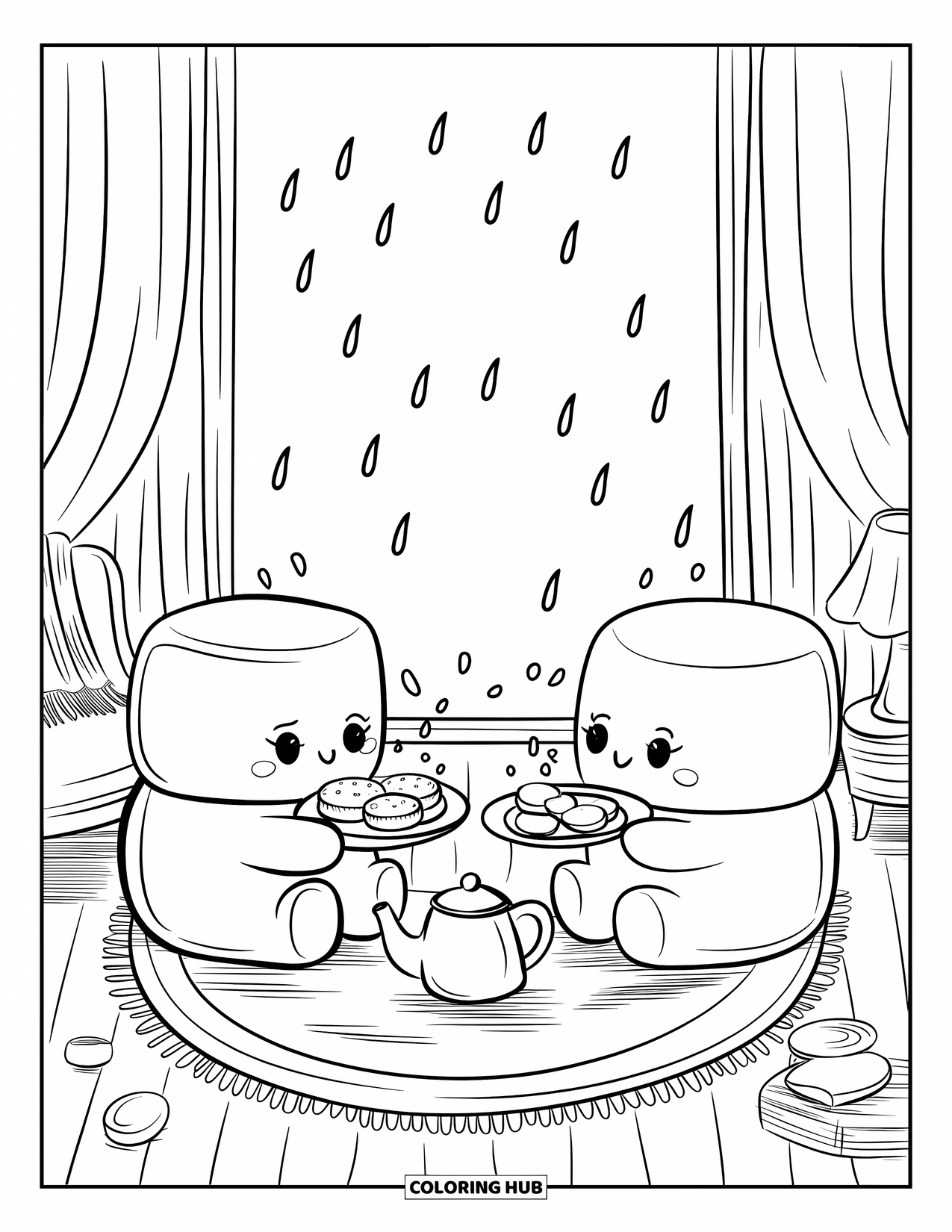 Marshmallow Coloring Page for Adults: Two marshmallows sit by a window, sipping tea and watching the rain