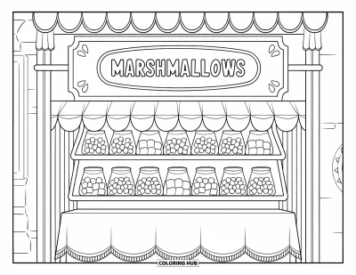 Desenho de marshmallow para colorir para crianças: Uma prateleira de doceria exibe potes de marshmallows sob uma placa com os dizeres "Marshmallows"