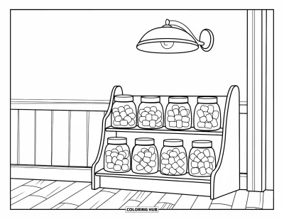 Desenho de marshmallow para colorir para crianças: Uma prateleira de doceria com marshmallows está abaixo de uma luminária em um piso de madeira