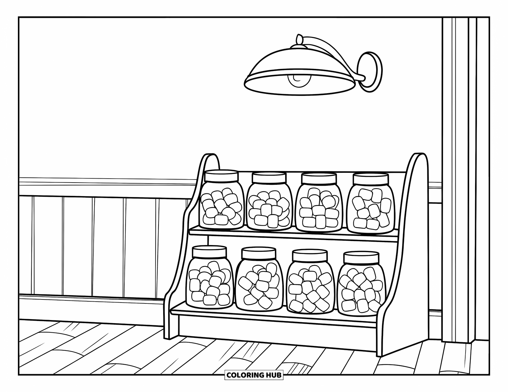 Marshmallow Coloring Page for Kids: A candy shop shelf of marshmallows sits below a lamp on wooden floors