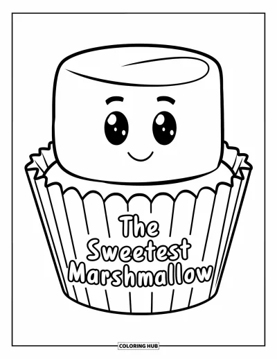 Desenho de marshmallow para colorir para crianças: Um marshmallow alegre em uma forminha de cupcake está em um prato com as palavras "The Sweetest Marshmallow"