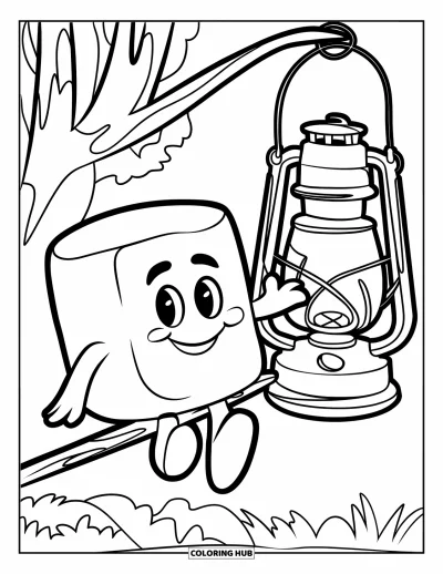 Desenho de marshmallow para colorir para crianças: Um marshmallow sorridente acena ao lado de uma lanterna na floresta