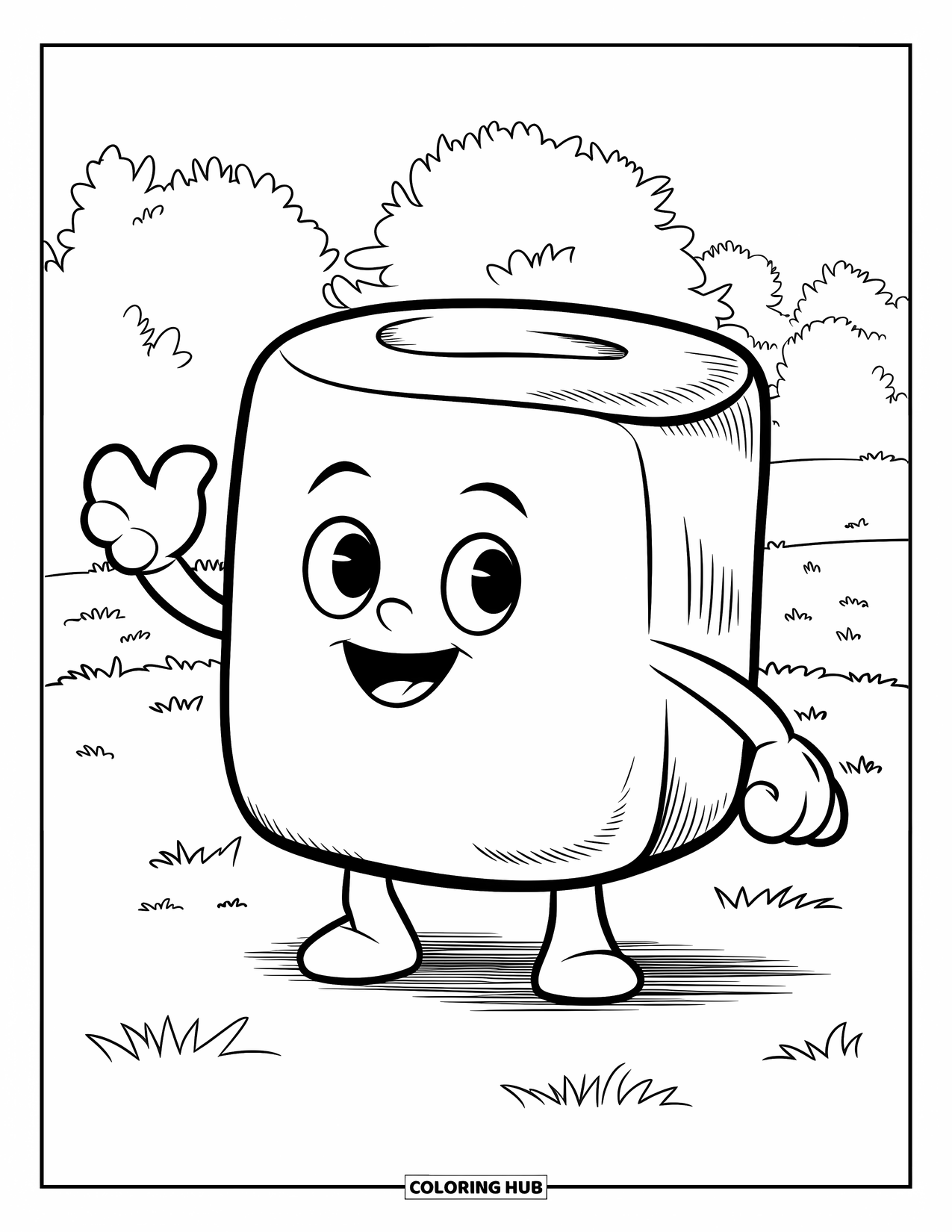 Marshmallow Coloring Page for Kids: A cheerful marshmallow waves hello while standing on grass
